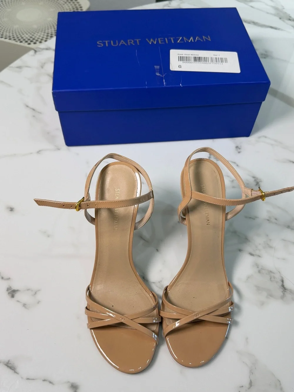 Stuart Weitzman Mykonos Braid Patent Nude Heels Size 7
